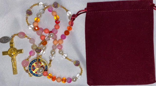 Dazzling Pink/Red tone Handmade Rosary with Velvet Case - 1" Gold-tone St. Benedict Centerpiece & Crucifix - Miraculous Medal