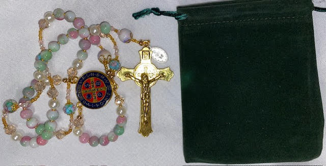 Dazzling Pink/Green tone Handmade Rosary with Velvet Case - 1" Gold-tone St. Benedict Cent