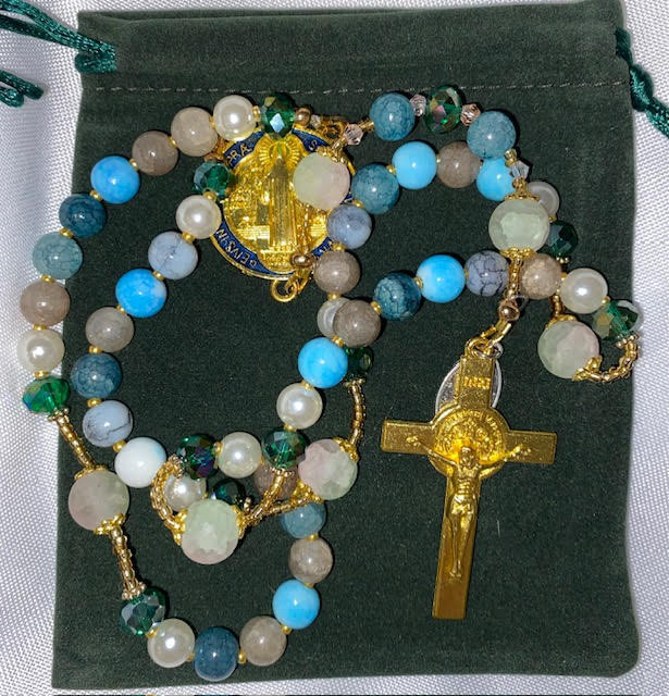 Charming Green/Turquoise Handmade Rosary with Velvet Case - 1" Gold-tone St. Benedict Centerpiece & Crucifix - Miraculous Medal