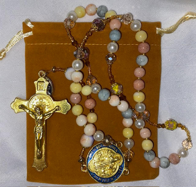 Exquisite Muted Tones Handmade Rosary with Velvet Case - 1" Gold-tone St. Benedict Centerpiece & 3" St. Benedict Crucifix - Miraculous Medal