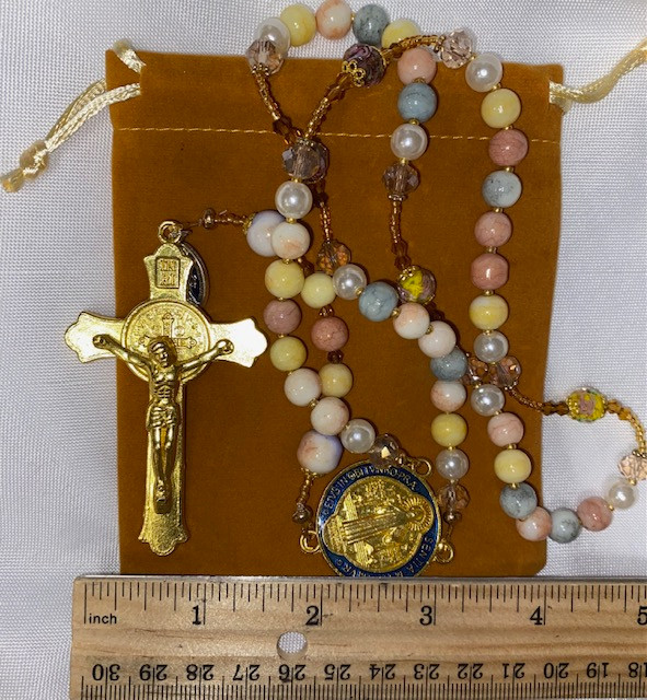 Exquisite Muted Tones Handmade Rosary with Velvet Case - 1" Gold-tone St. Benedict Centerpiece & 3" St. Benedict Crucifix - Miraculous Medal