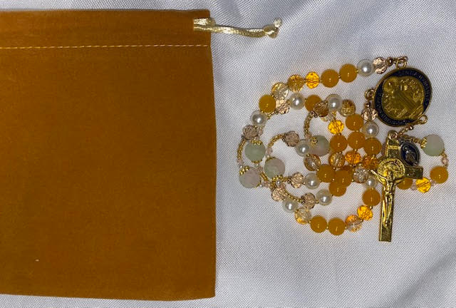 Dazzling Orange tone Handmade Rosary with Velvet Case - 1" Gold-tone St. Benedict Centerpiece & Crucifix - Miraculous Medal