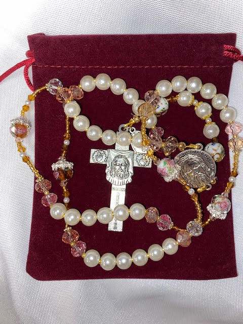Lovely Feminine Handmade Rosary with Velvet Case - Silver-tone Holy Face Centerpiece & Crucifix - Miraculous Medal