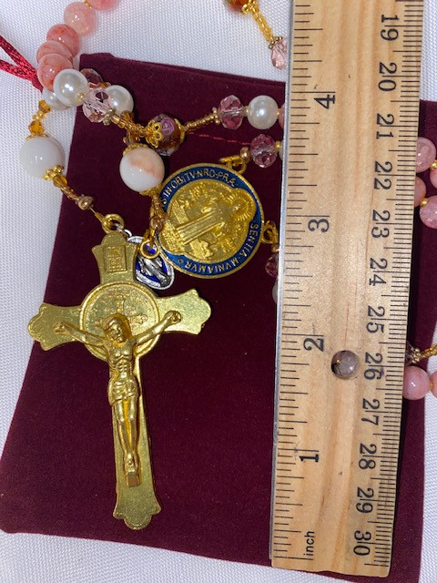 Exquisite Mauve/Pink Tones Handmade Rosary with Velvet Case - 1" Gold-tone St. Benedict Centerpiece & 3" St. Benedict Crucifix - Miraculous Medal