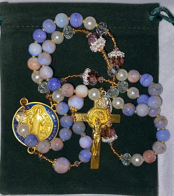 Lovely Muted Blues Handmade Rosary with Velvet Case - 1" Gold-tone St. Benedict Centerpiece & Crucifix - Miraculous Medal