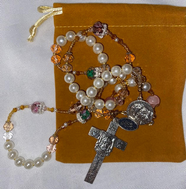 White/Pink/Green Handmade Rosary with Velvet Case - Silver-tone Holy Face Centerpiece & Crucifix - Miraculous Medal