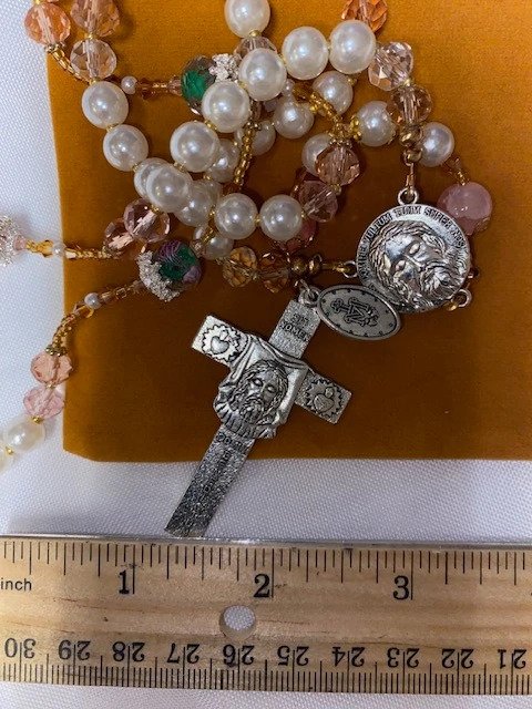 White/Pink/Green Handmade Rosary with Velvet Case - Silver-tone Holy Face Centerpiece & Crucifix - Miraculous Medal
