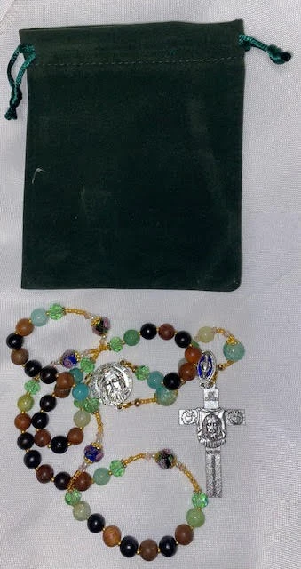 Browns/Green Handmade Rosary with Velvet Case - Silver-tone Holy Face Centerpiece & Crucifix - Miraculous Medal