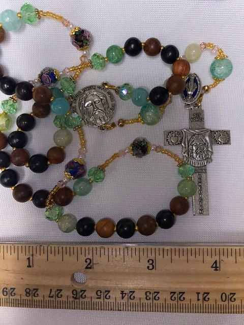 Browns/Green Handmade Rosary with Velvet Case - Silver-tone Holy Face Centerpiece & Crucifix - Miraculous Medal