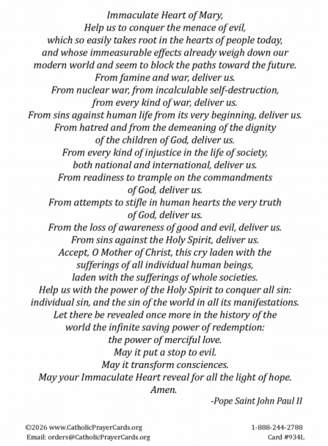 Prayer for Peace to Mary, the Light of Hope - Large Prayer Card