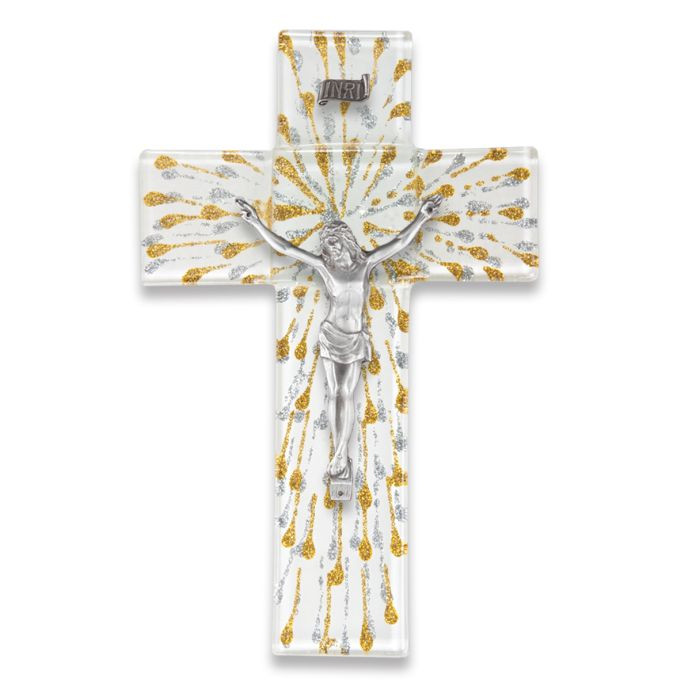 Silver and Gold on White Glass Cross with Fine Pewter Corpus-P65