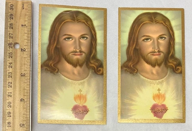 Set of 2 Vintage Gold Trimmed Sacred Heart Holy Cards