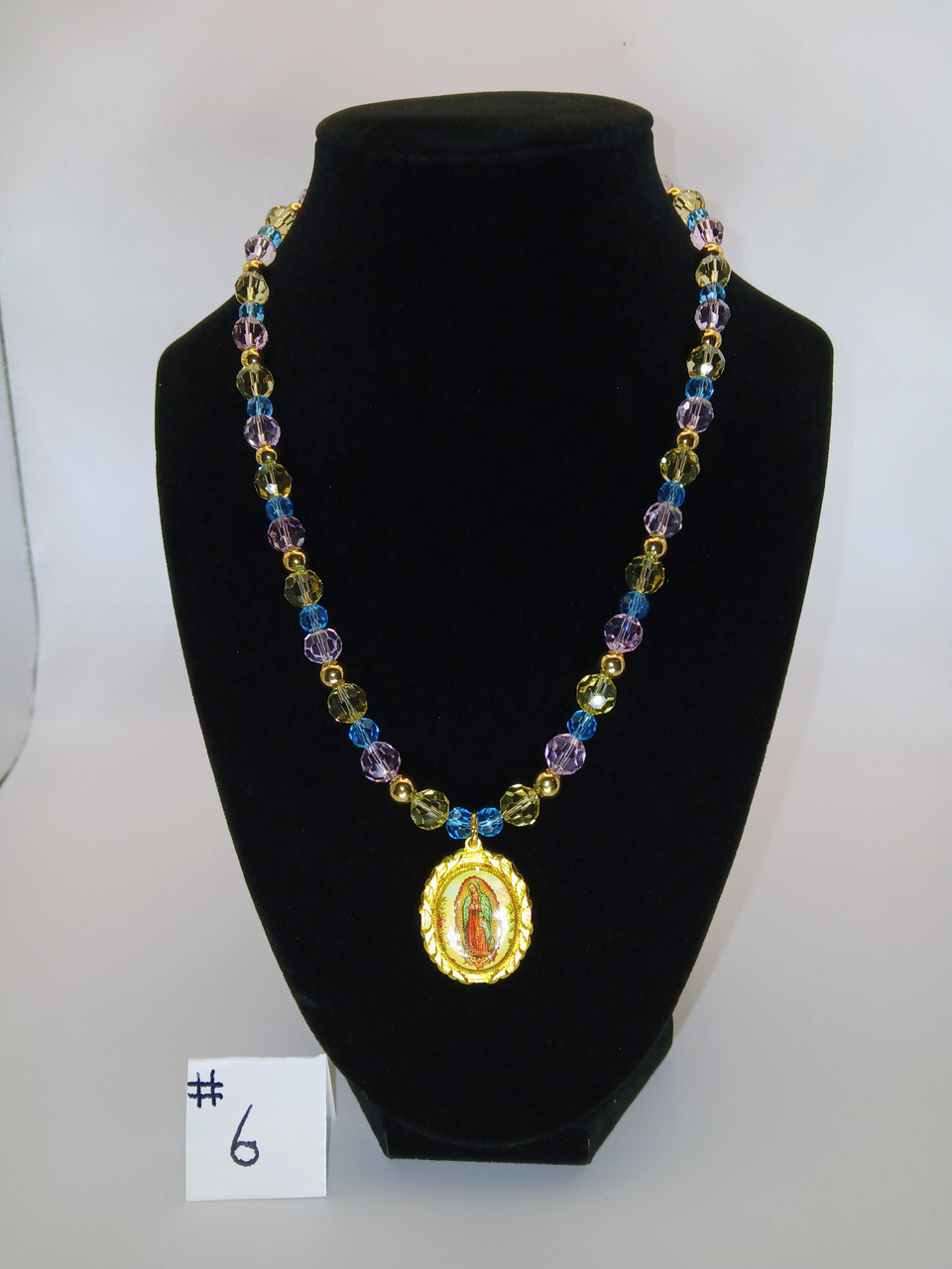 Unique Gold Plated Enamel Medal of Our Lady of Guadalupe Crystal Glass Beads 18" Necklace