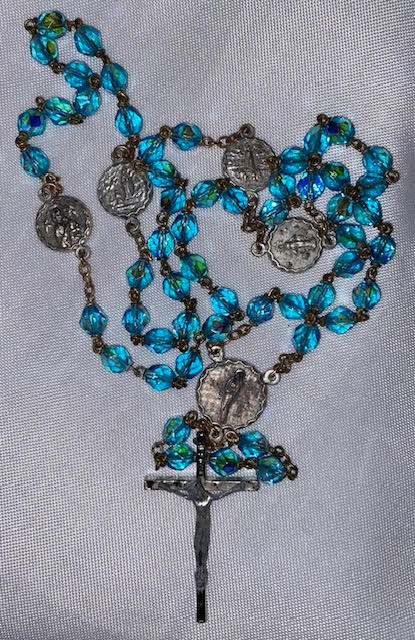 Beautiful Vintage Blue Glass Bead Marian Rosary with Sequin Case