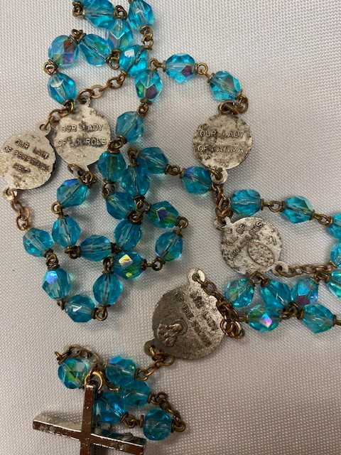 Beautiful Vintage Blue Glass Bead Marian Rosary with Sequin Case