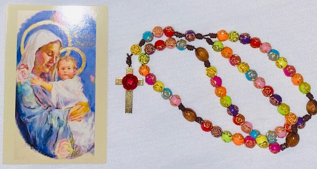 Jesus Beads Colorful Flower Rosary/Vintage Rose Cross and Instructional Holy Card