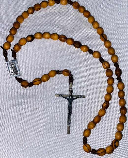 Unique Rosary!  Mix of Old & New! Vintage Sacred Heart Centerpiece/Crucifix restrung with Holy Land Olive Wood Beads on Strong Brown Cord
