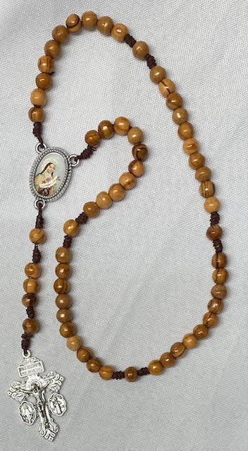 Saint Therese Picture Rosary with Genuine Holy Land Olivewood Beads/Pardon Crucifix 
