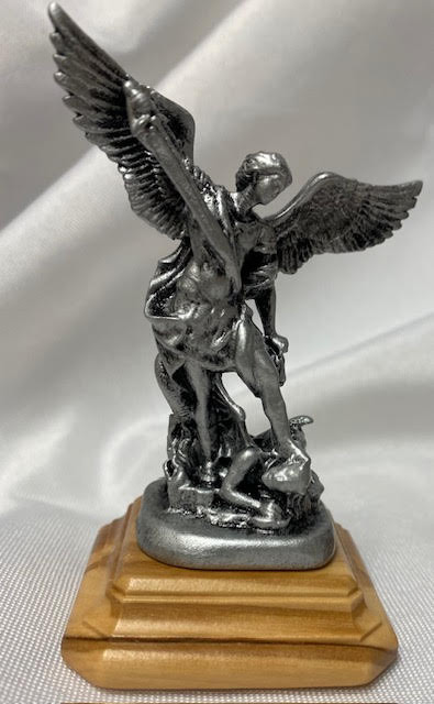 Italian Statue St. Michael Silver-tone on Olivewood Base