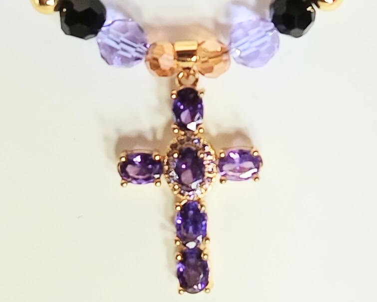 18 karat Gold Filled Purple Oval Cubic Zirconia Crystal Cross Pendant - 18 inch Princess Necklace