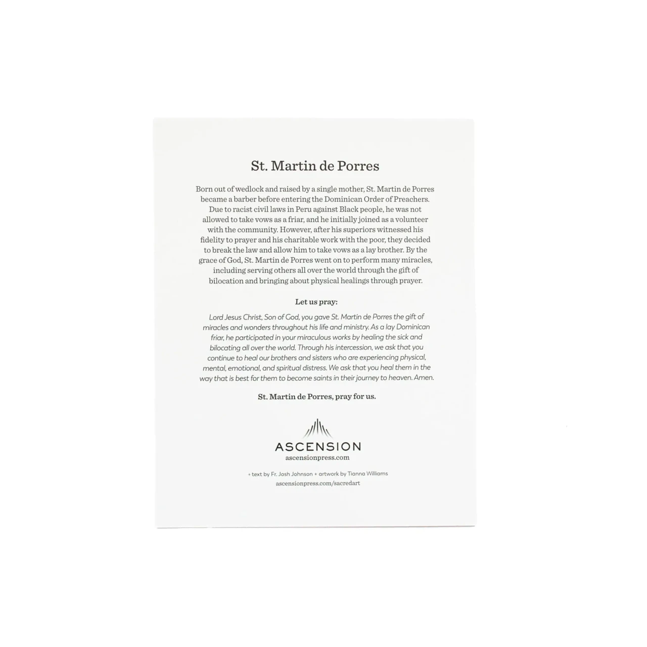 St Martin de Porres Prayer Card back