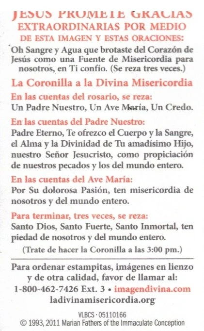 Inexpensive Divine Mercy Chaplet Prayer Card, black background Vilnius Image, Spanish
