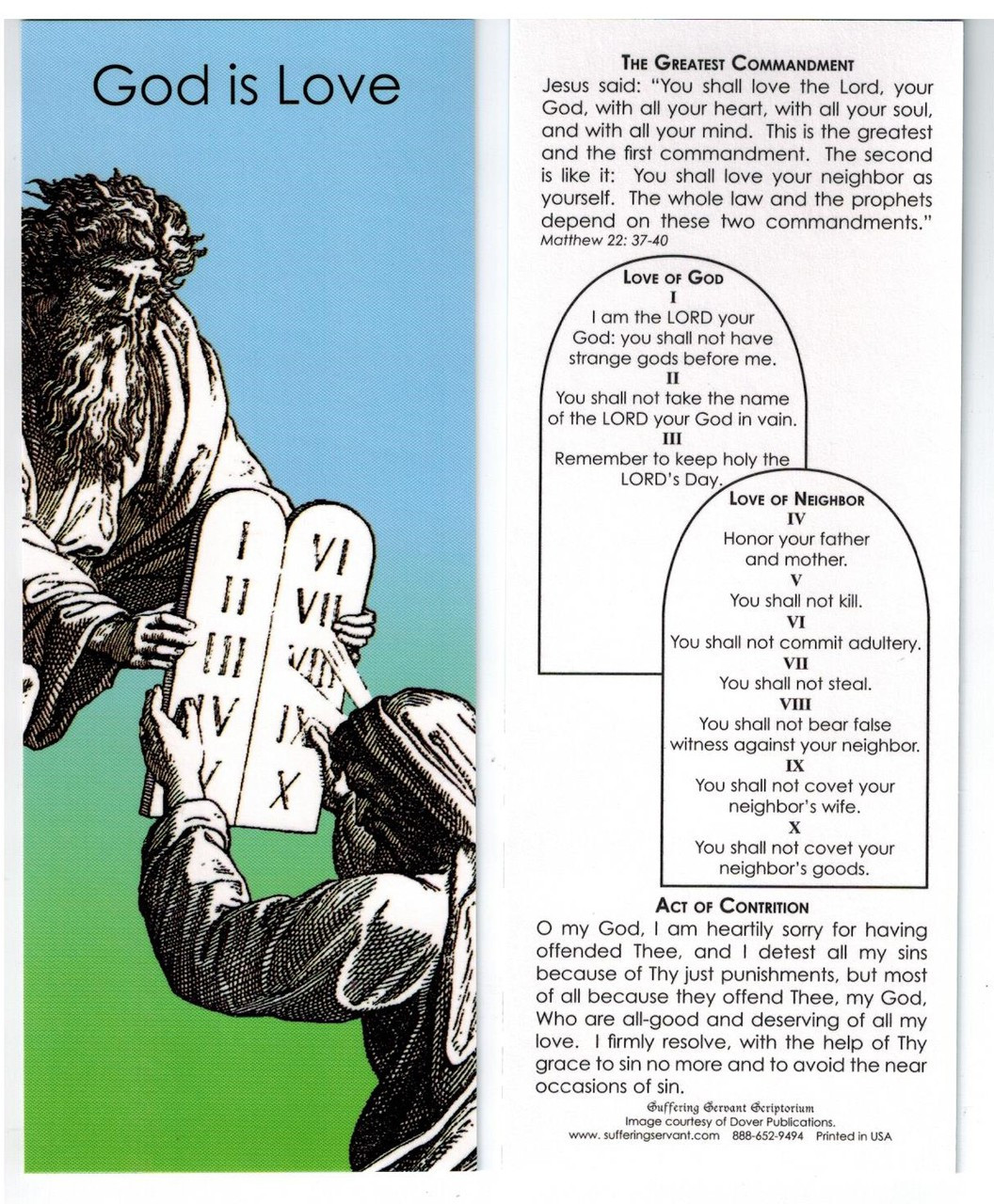 Ten Commandments Bookmark includes Act of Contrition and Jesus' words on the Greatest Commandment