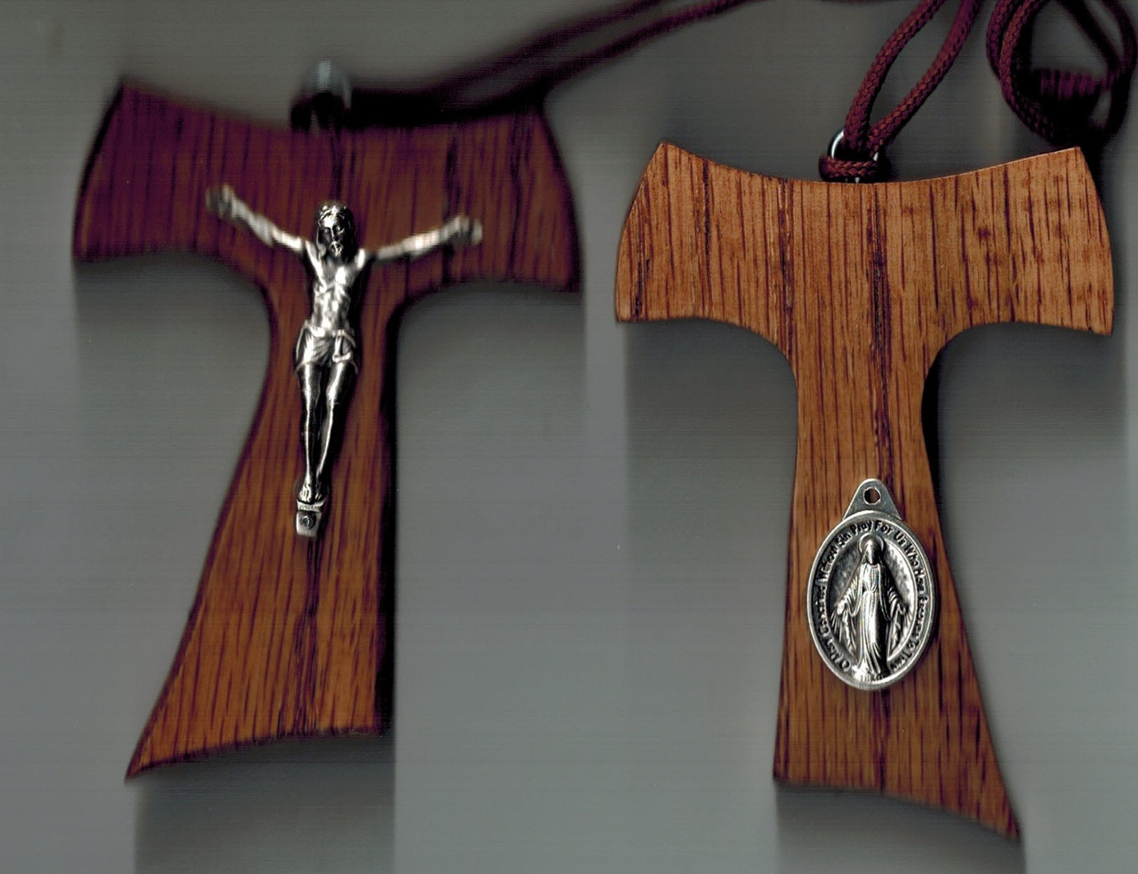 Hand crafted wooden tau pendant with corpus and Miraculous Medal