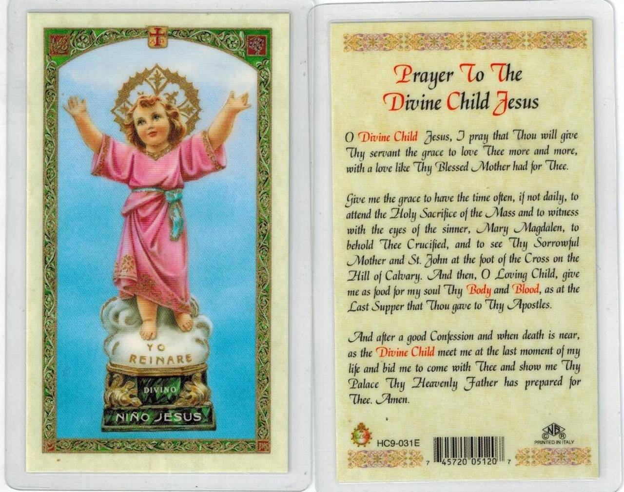 prayer to the Divine Child, Laminated prayer card