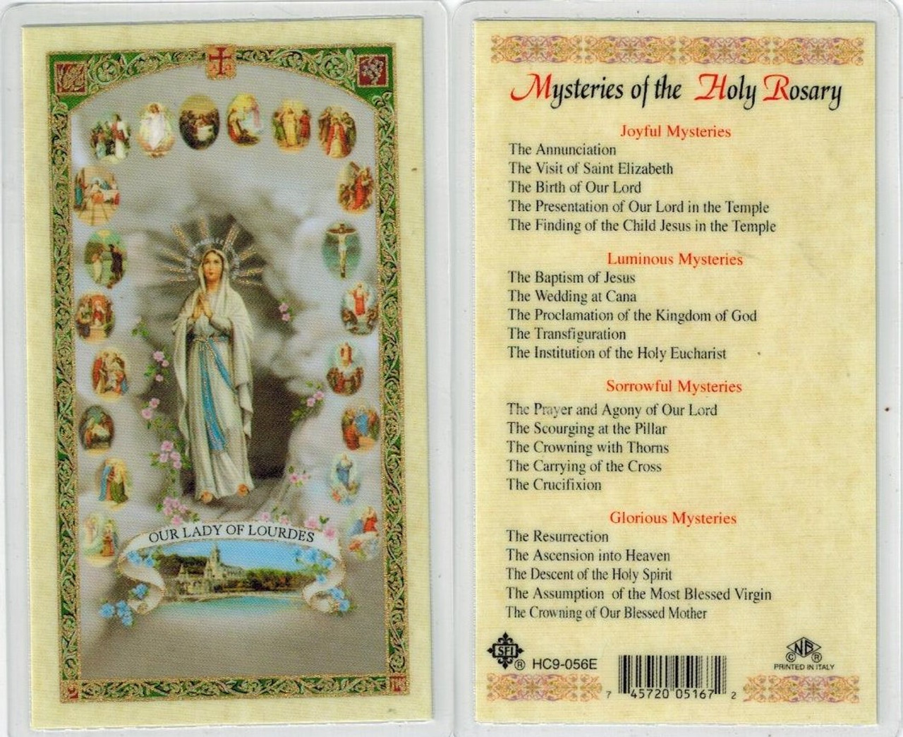 Mysteries of the Holy Rosary, Laminated prayer card