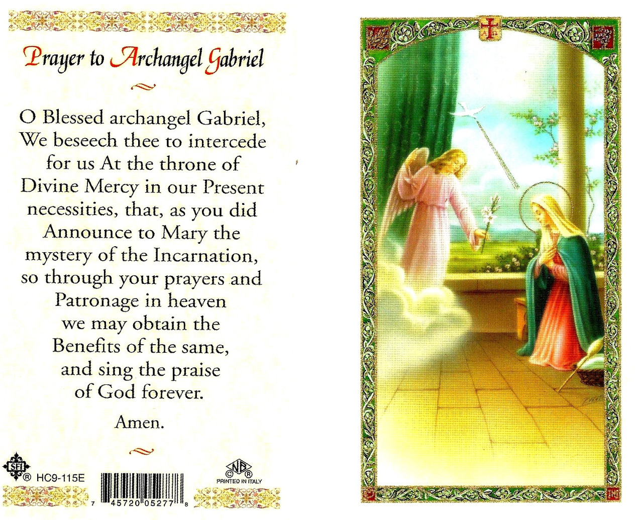 Prayer to Archangel Gabriel, Laminated prayer card