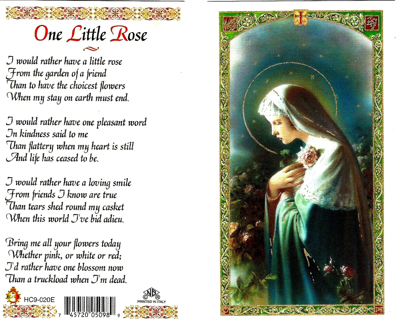 Mystical Rose, one Little Rose, laminated prayer card