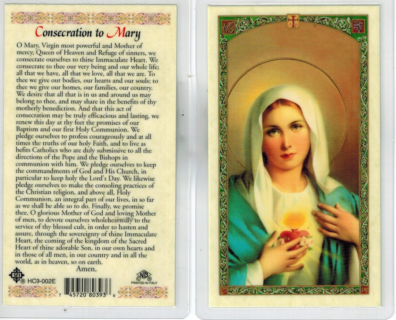 Consecration to Mary, laminated prayer card