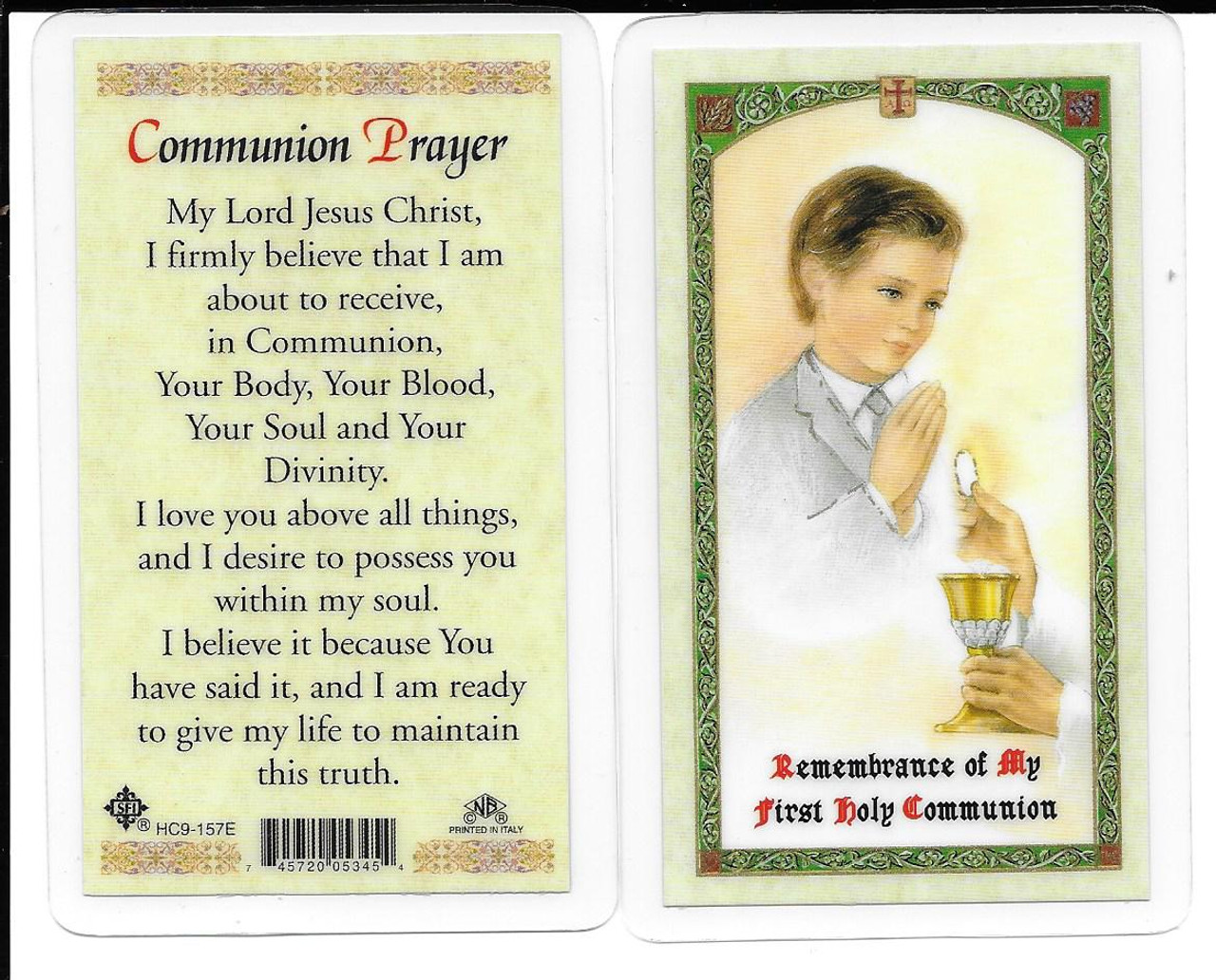 Laminated First Communion Prayer Card for Boys In remembrance of my