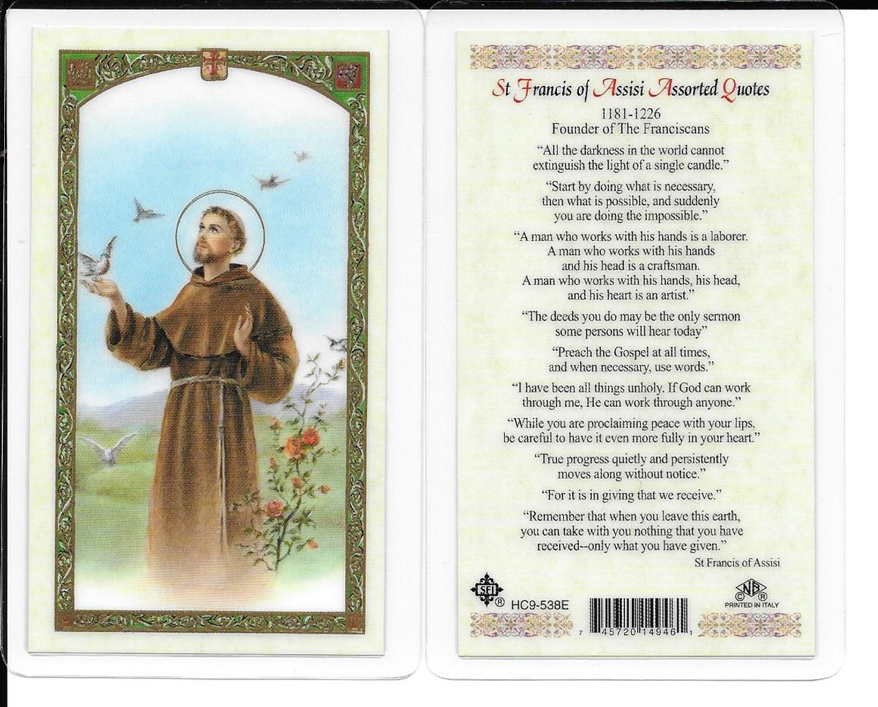 Laminated Prayer Card “Saint Francis of Assisi Assorted Quotes”.