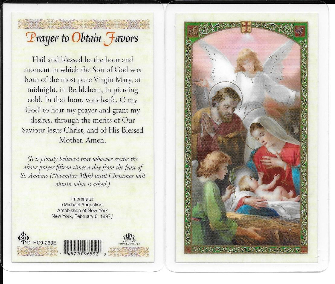 Laminated Prayer Card to Obtain Favors.