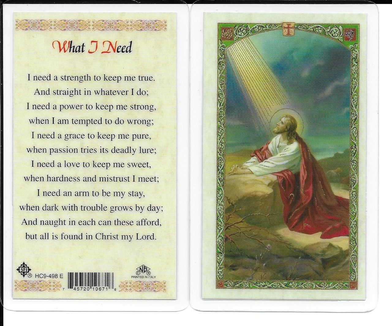 Laminated Prayer Card “What I Need”.