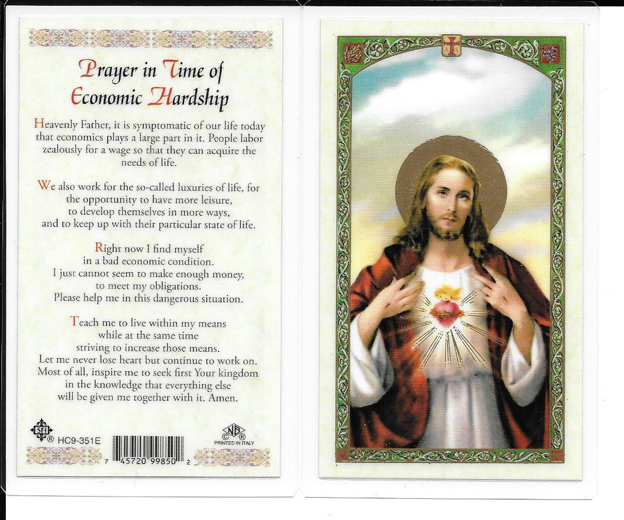 Laminated Prayer Card “Prayer in time of Economic Hardship”.
