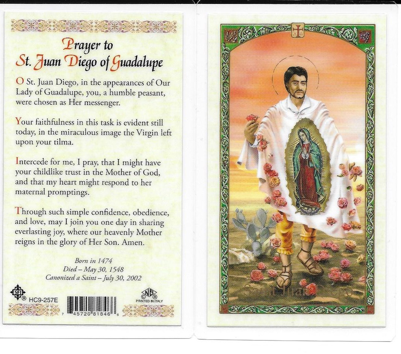 Laminated Prayer Card by “St. Juan Diego of Guadalupe”.