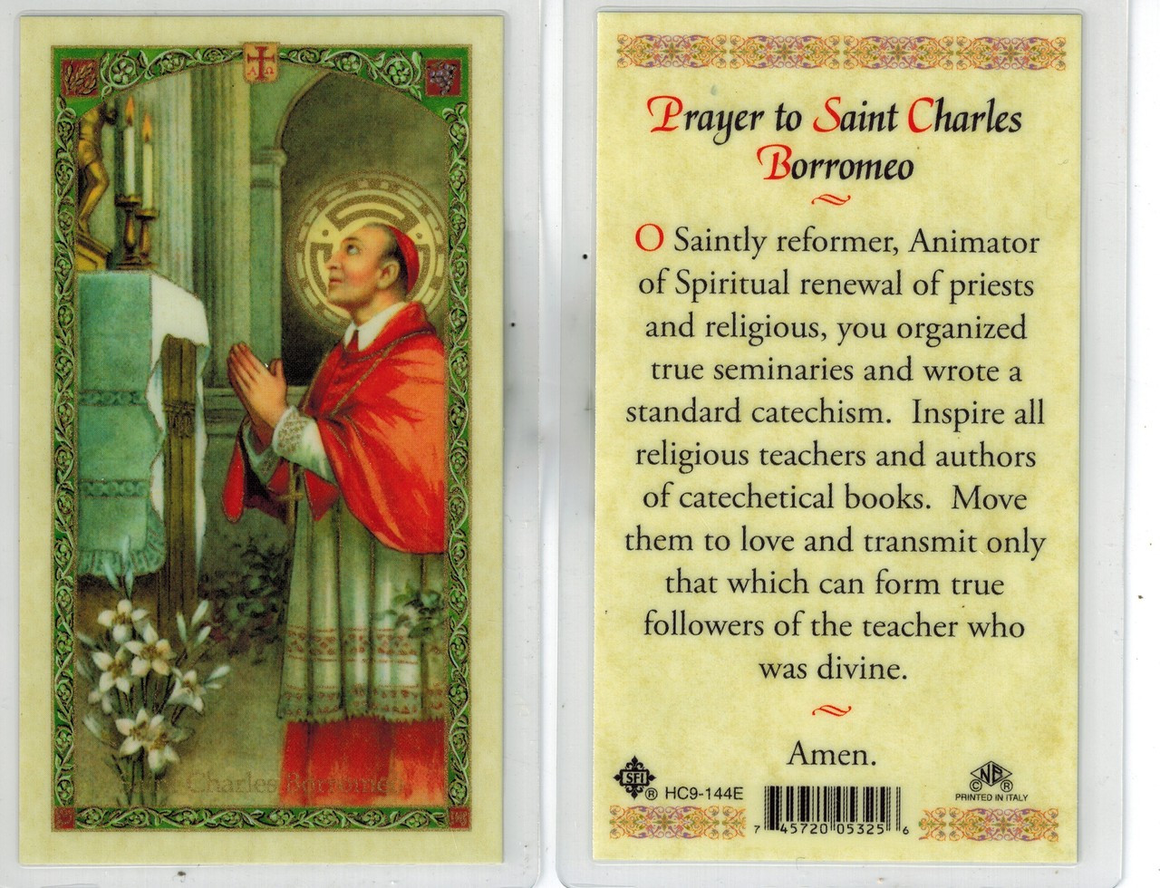 Laminated Prayer Card to St. Charles Borromeo.