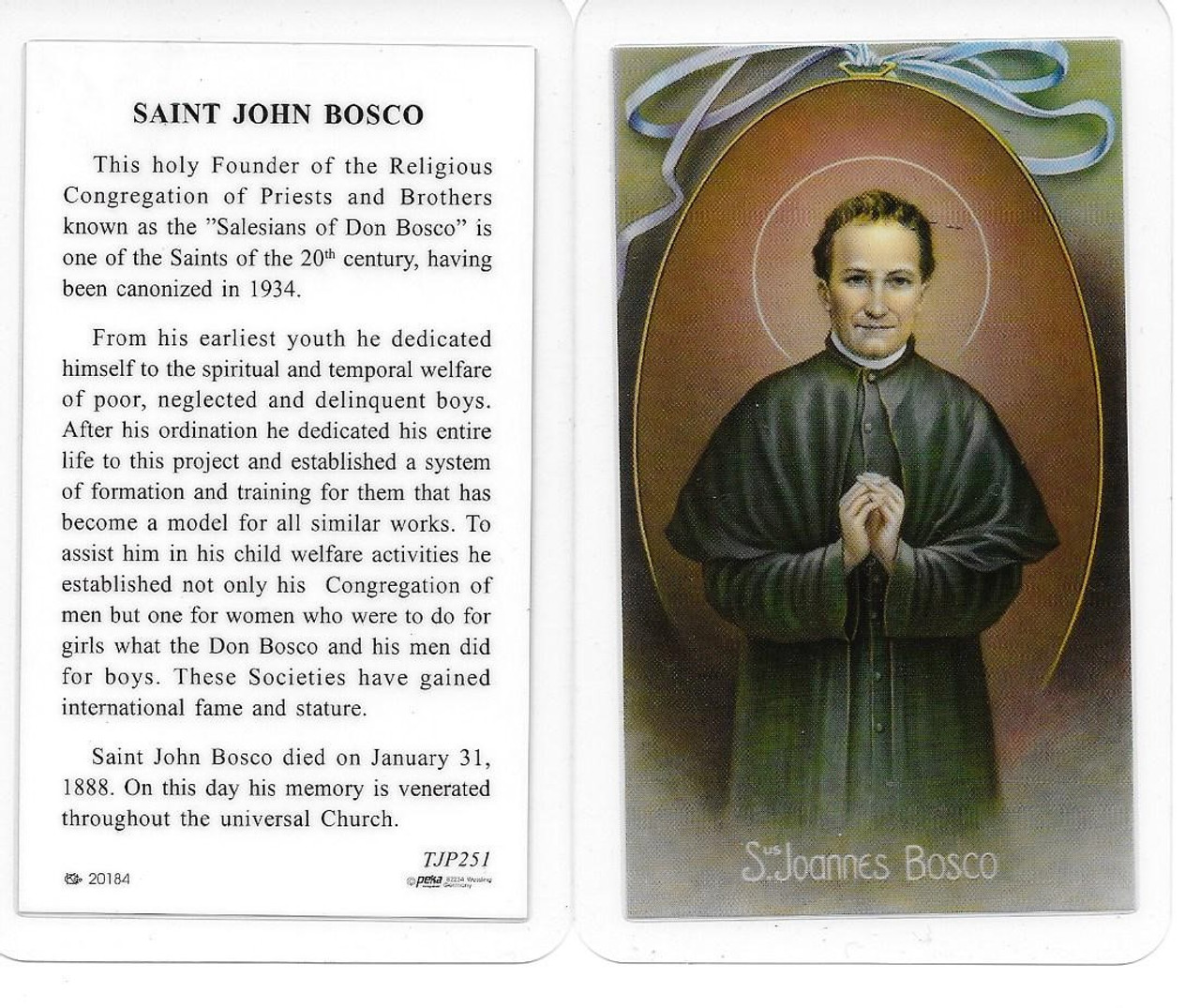 Laminated Prayer Card Saint John Bosco