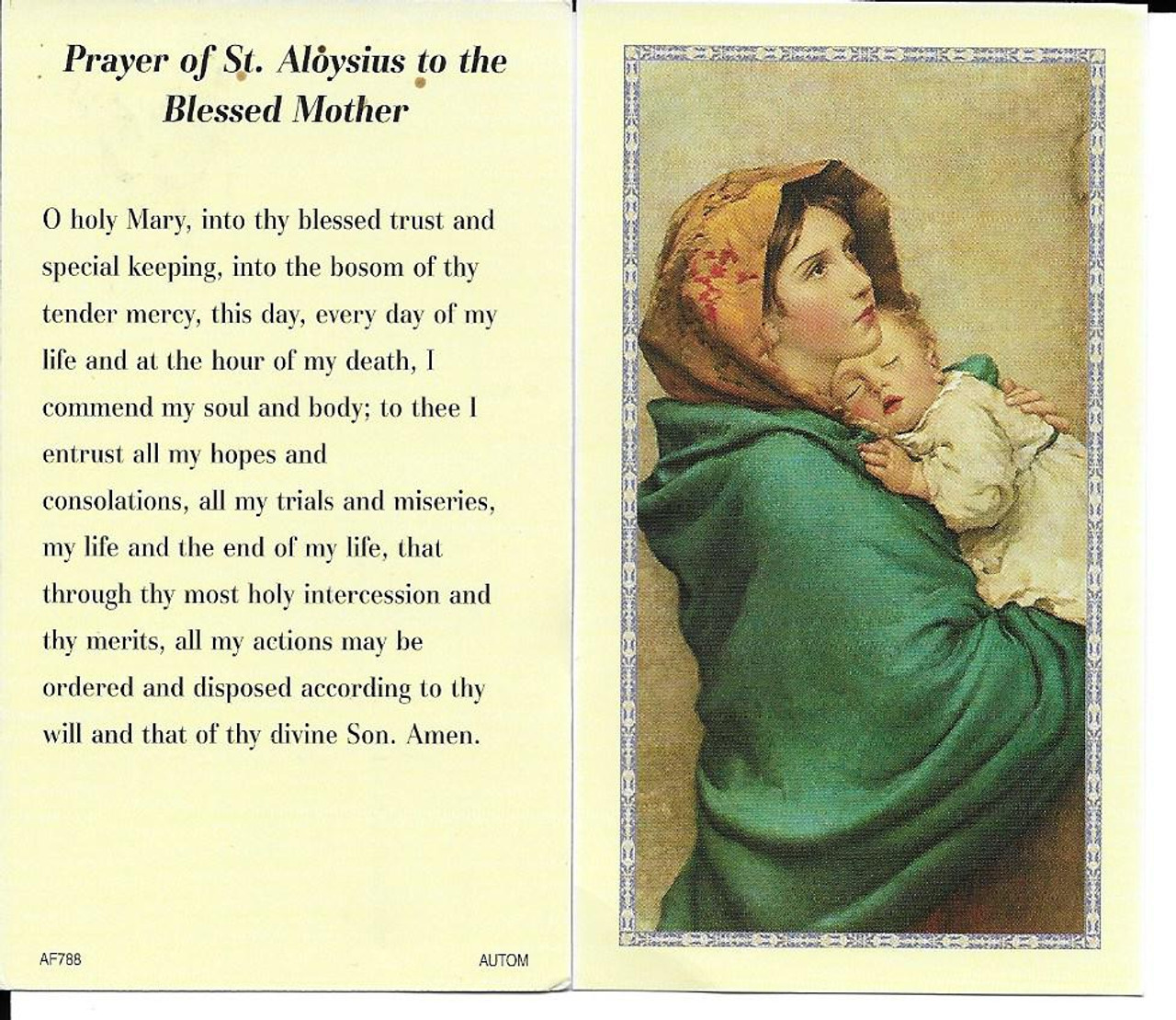 50 cent Prayer Cards “Prayer of Saint Aloysius to the Blessed Mother”