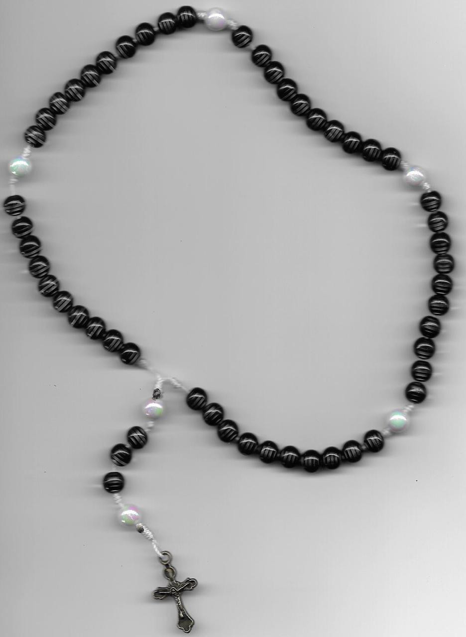 Light Black Round Stripe with Bright White Cord Rosary