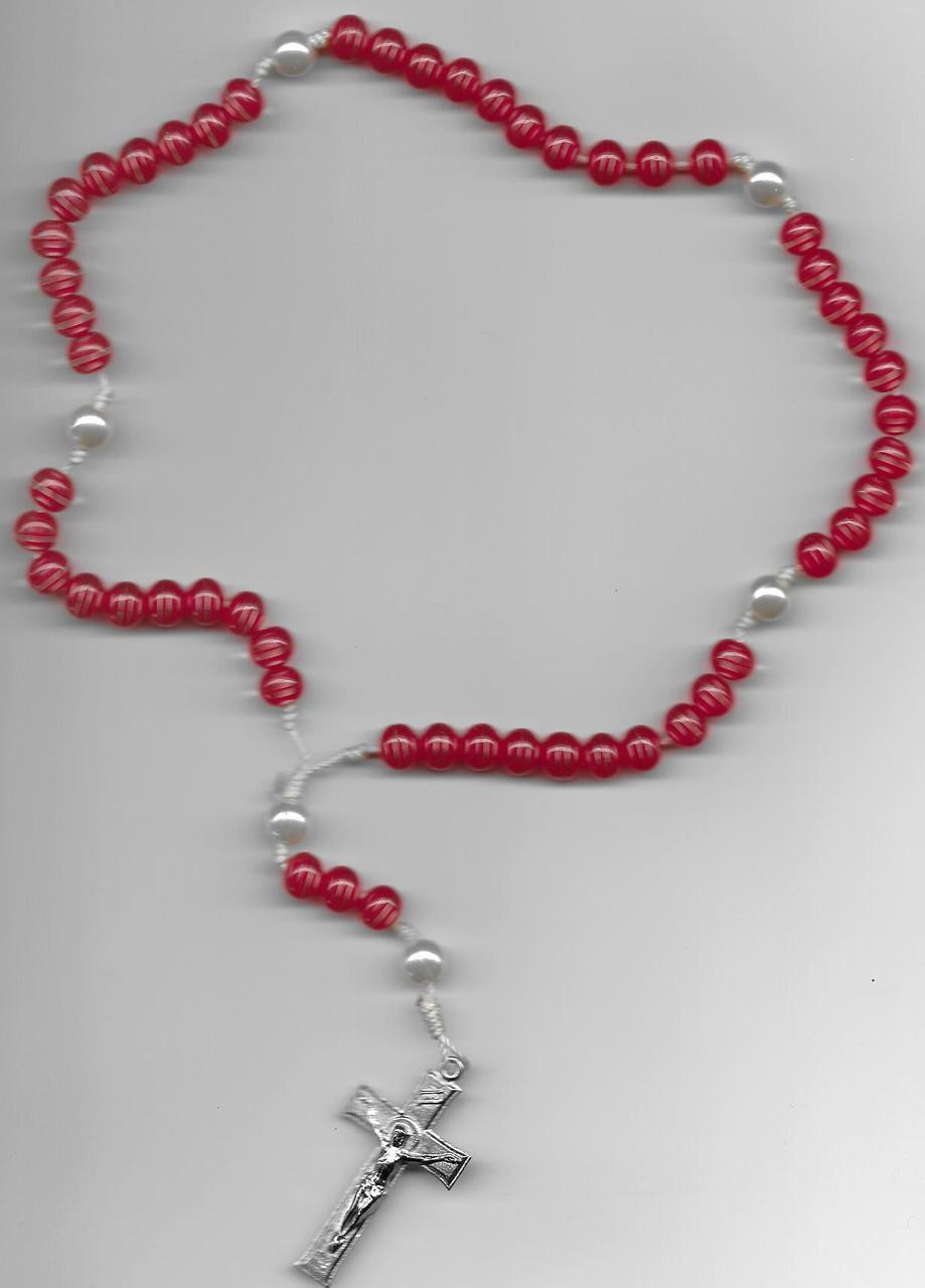 Watermelon Red beads with white pearl Our Fathers Cord Rosary