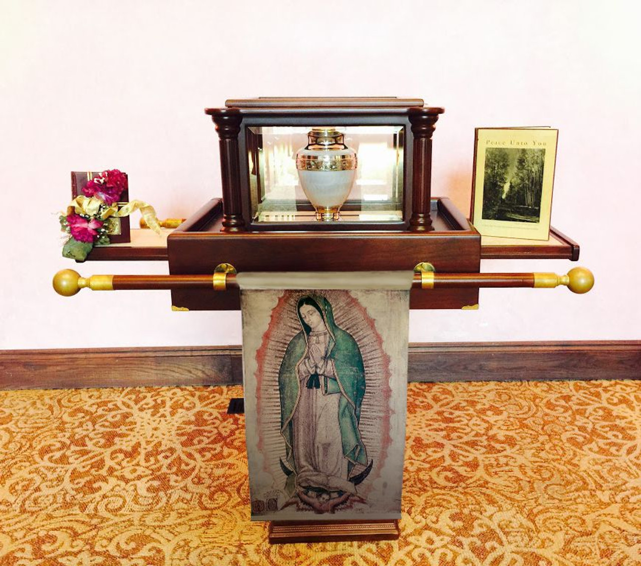 Our Lady of Guadalupe Tilma reproduction, half size of original tilma, at funeral