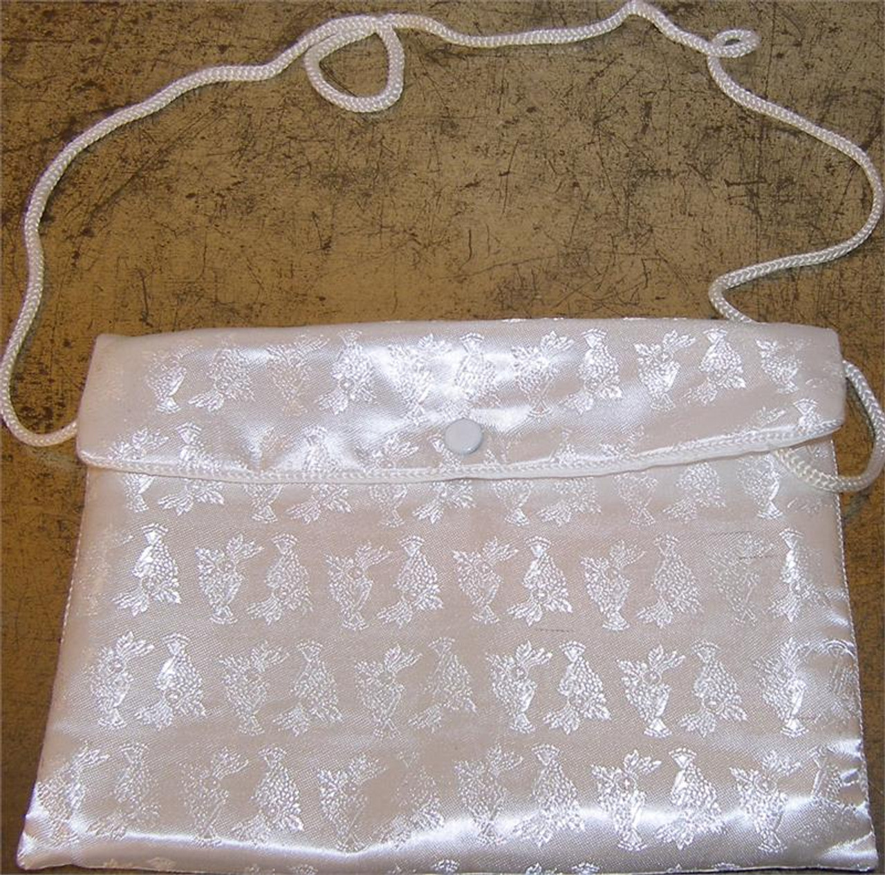 Satin First Communion Purse with Lace Applique with a Bead and Pearl Handle