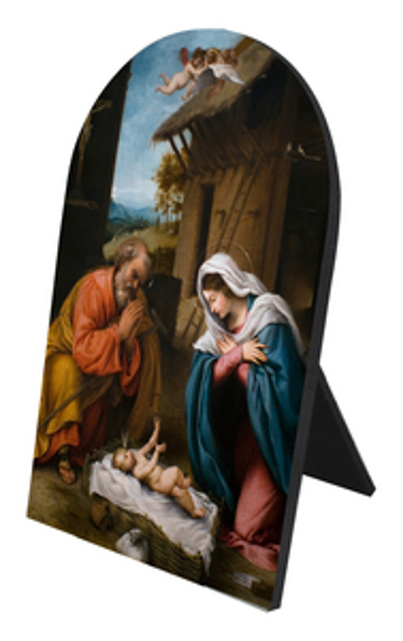 Nativity with Reaching Jesus Arched Desk Plaque