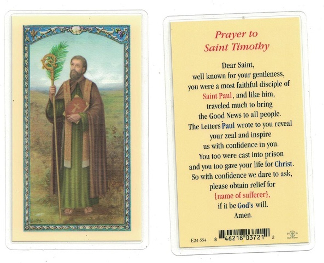 St. Timothy Laminated Prayer Card