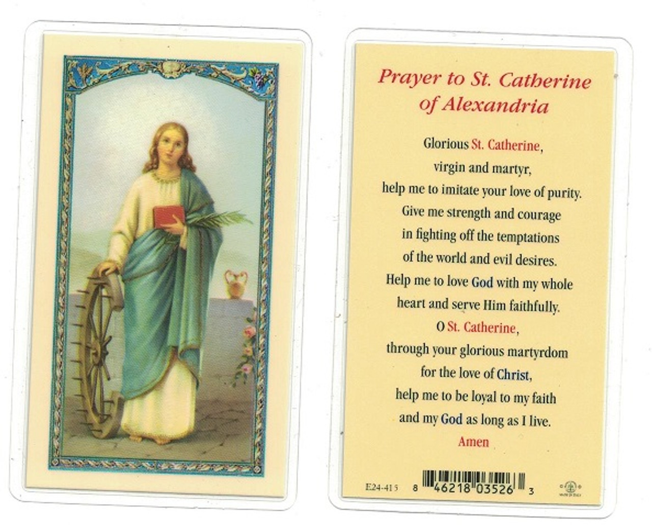 a Catherine of Alexandria laminated prayer card