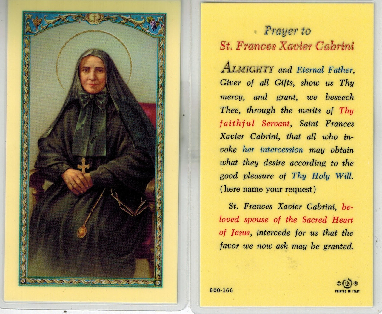 Saint Frances Xavier Cabrini Laminated Prayer Card